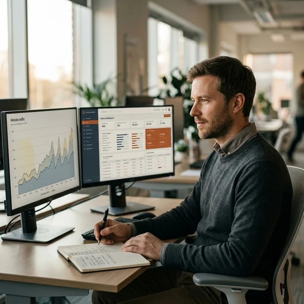 A marketer cross-checking a traffic chart against a search-status dashboard to tell an announced update from an unconfirmed one