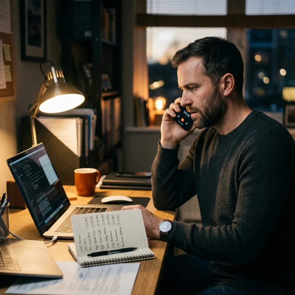 An operator auditing local businesses by timing their after-hours callback response from a home desk