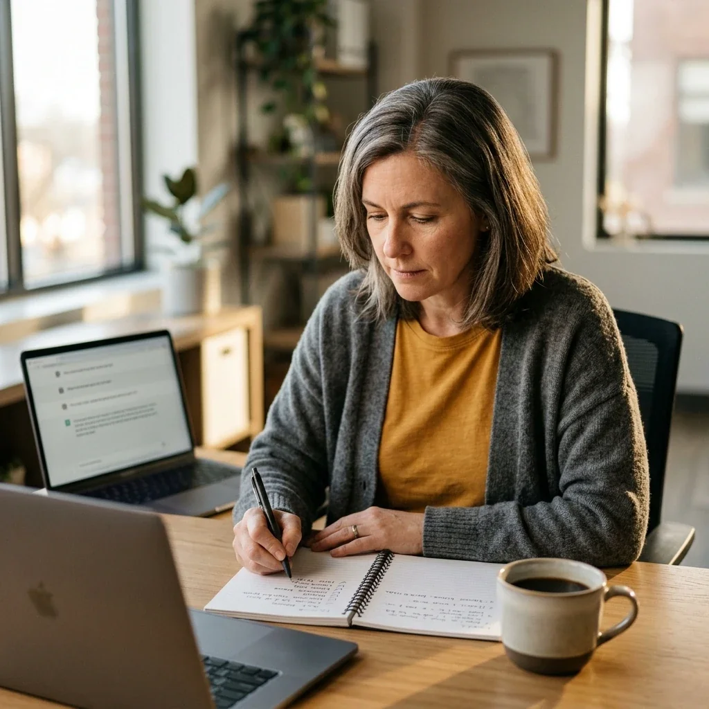 A marketing operator working through a prompt-regression checklist, re-testing each saved AI skill after a model update