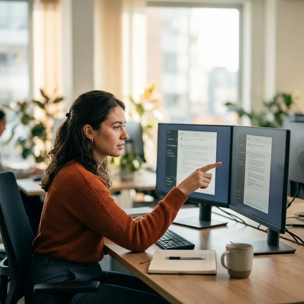A marketer comparing two AI chat outputs side by side, the same task run with a saved skill on and off