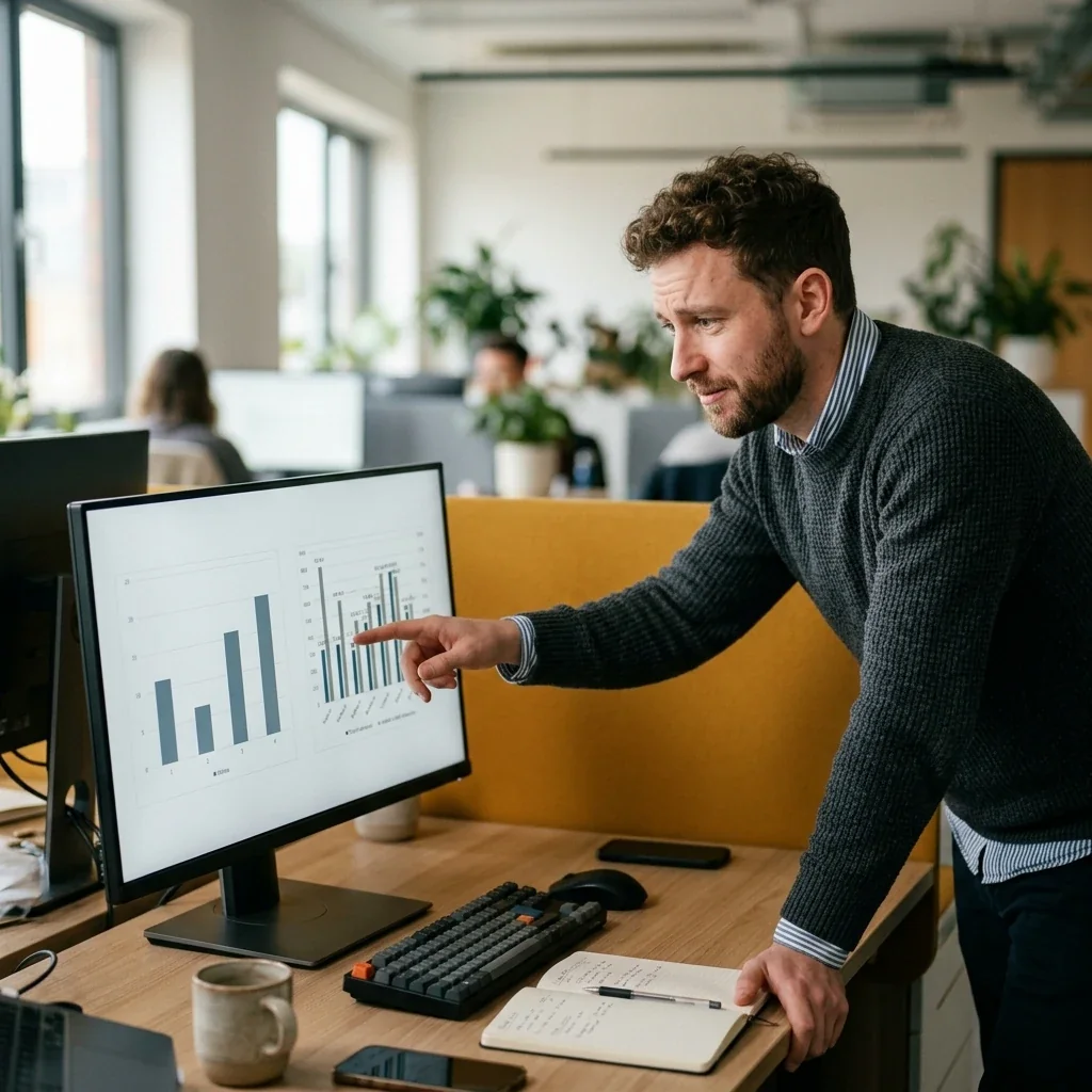A marketer comparing two AI-generated versions of the same chart on a monitor, one plain and one overloaded, to show how vague feedback overcorrects