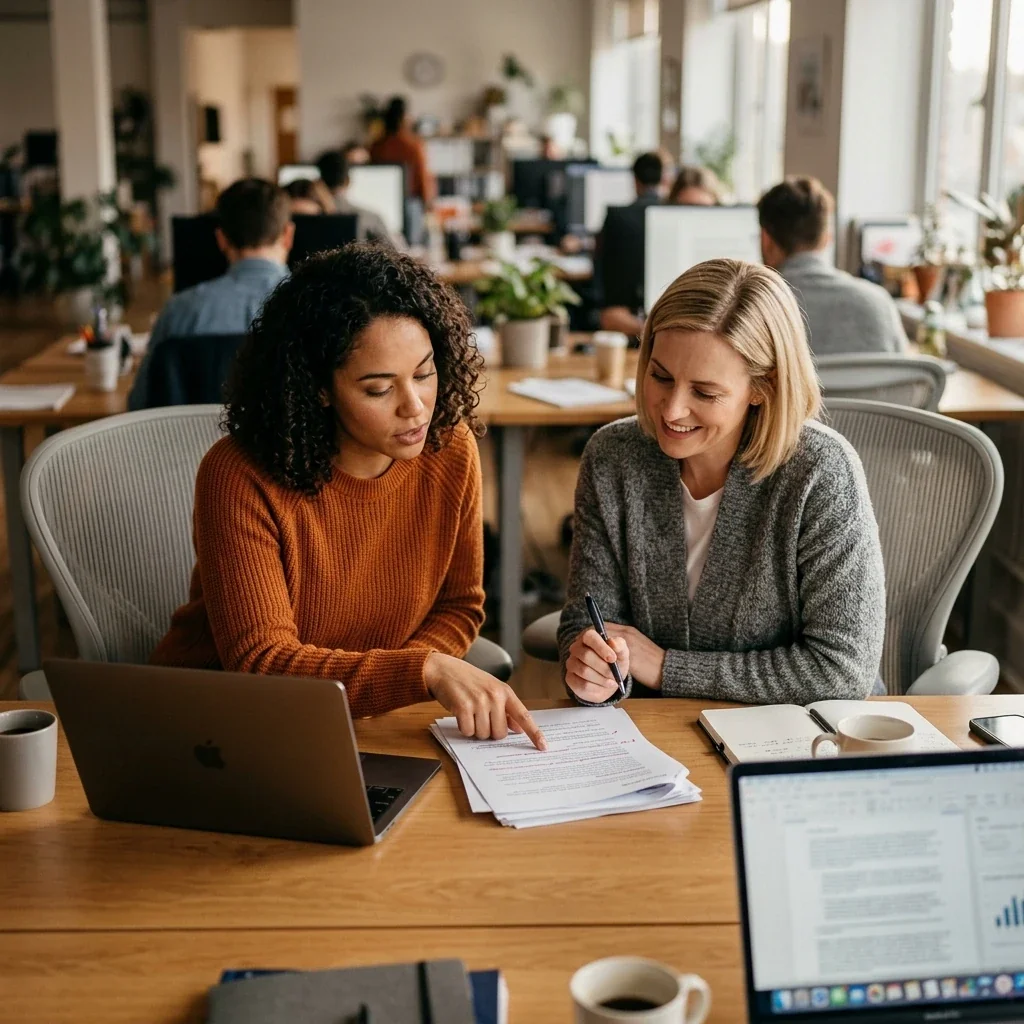 A content lead and an editor at a shared desk deciding which AI drafts are good enough to ship