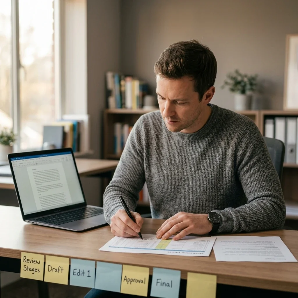 An editor marking revisions on a printed marketing draft with sticky notes tracking each review stage on the desk