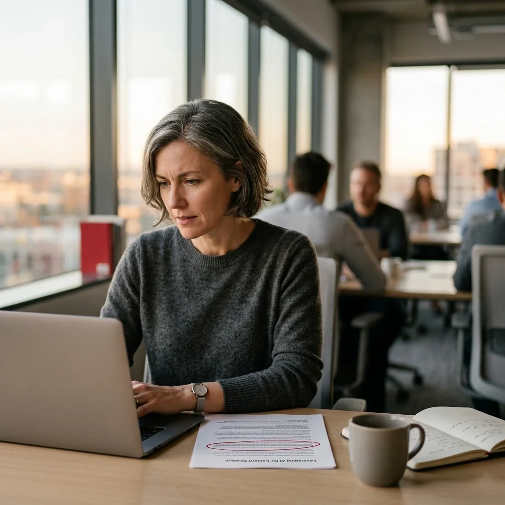 A marketing editor at a laptop reviewing an AI-generated blog draft and circling a claim to check on a printed copy