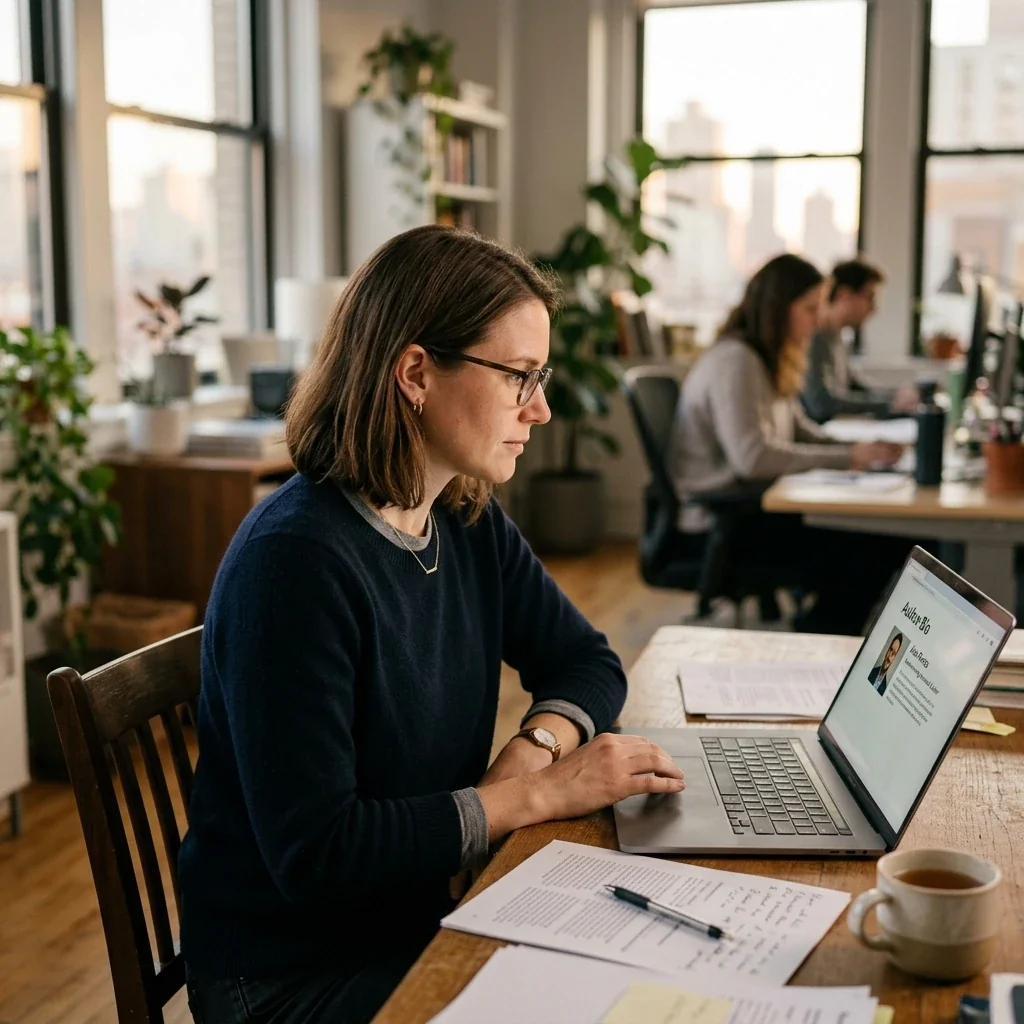 A content editor reviewing an author bio page on a laptop, checking the photo, credentials, and profile links behind a byline
