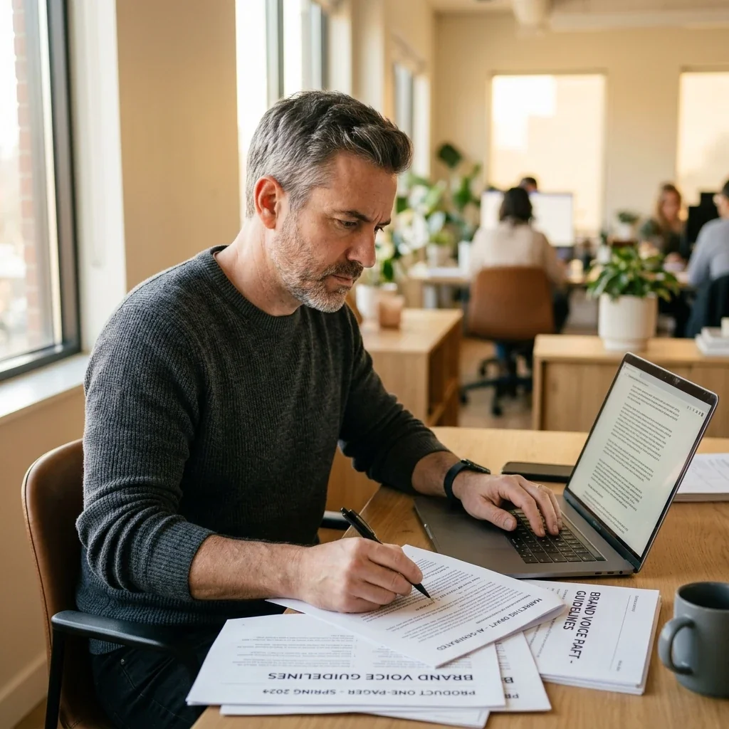 A marketing operator at a laptop comparing an off-brand AI draft against the company's real offers and voice notes