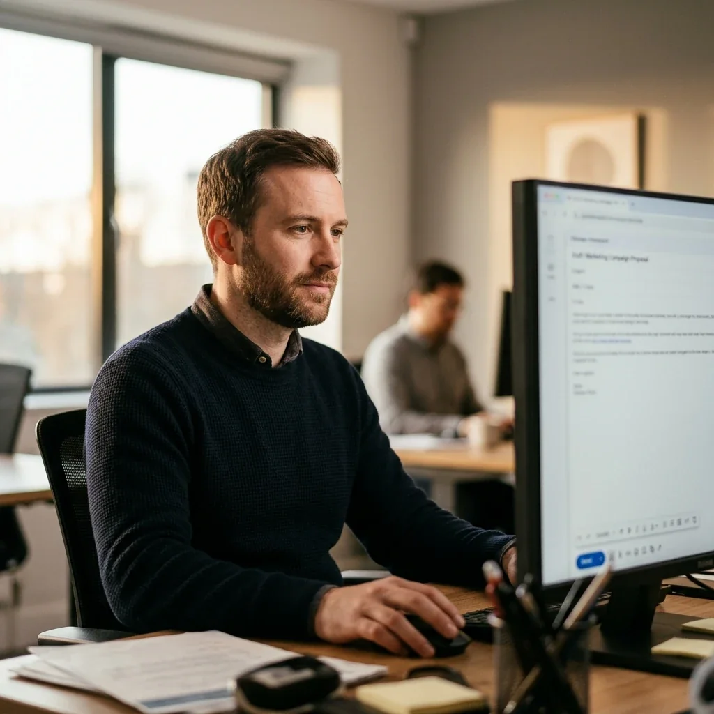 A marketer reading a drafted outbound email on screen and approving it by hand before it is sent, a human quality gate on the send