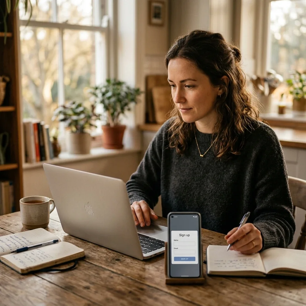 A marketing manager building a lead-capture page on a laptop at a kitchen table in the late afternoon, a sign-up form open on the phone beside her