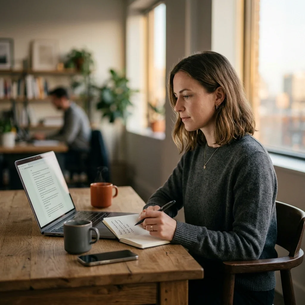 A content marketer reviewing an AI-generated draft on a laptop and writing a short, specific revision note before sending it back to the model