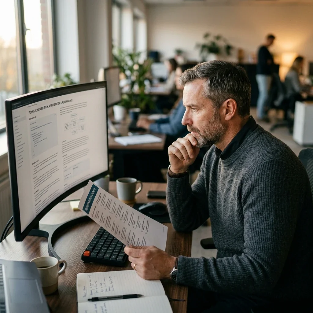 A marketer reading Google's developer guidance on AI search features on a monitor, comparing it against an existing SEO checklist