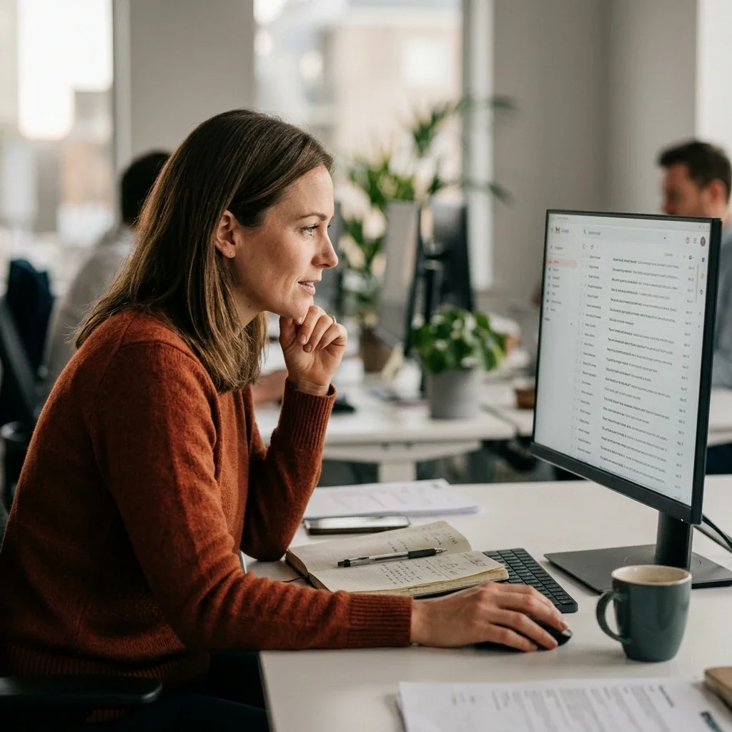 A marketer at a monitor reviewing AI-drafted trial follow-up emails held in a review queue before any of them are sent