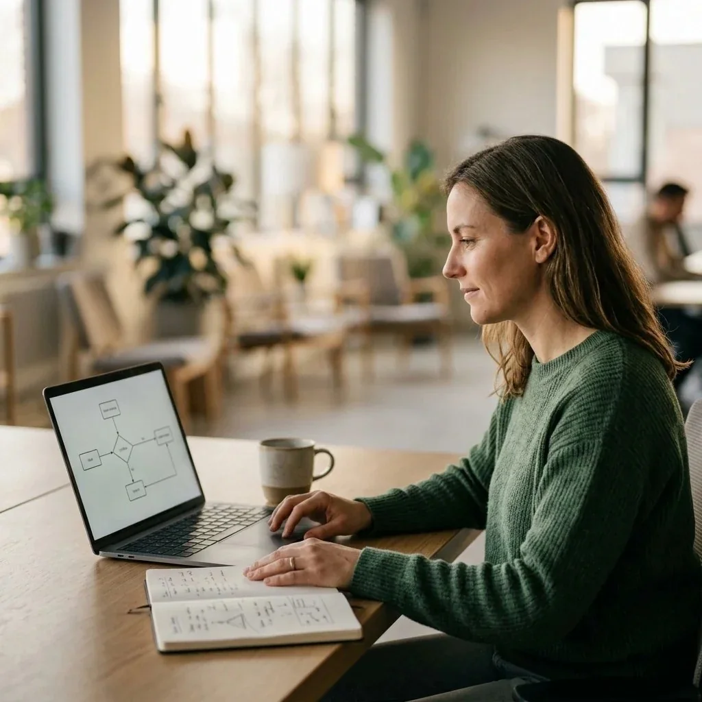 A marketer calmly reviewing an AI-assisted workflow on a laptop, unbothered by the wider debate about AI development speed