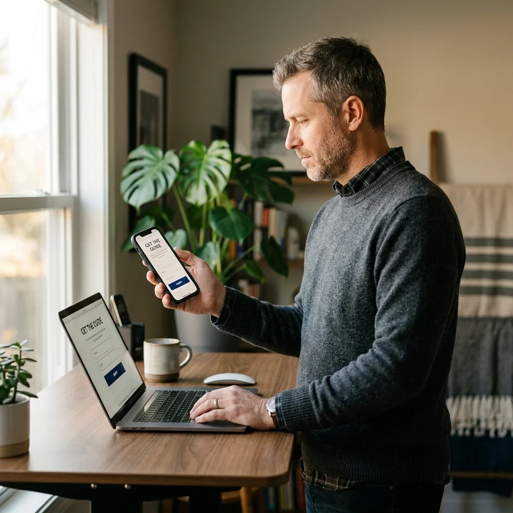 A marketer checking a freshly published GPT Sites lead-capture page on his phone before going live