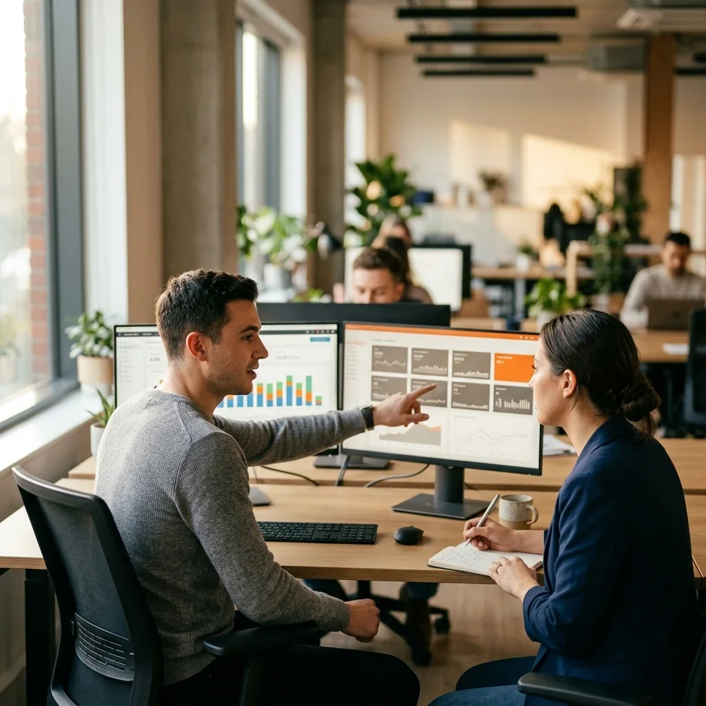 Marketers reviewing the ad platform, analytics and CRM dashboards a marketing AI agent is connected to