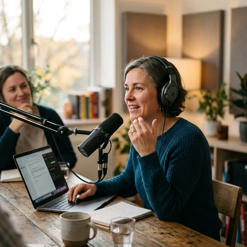 A marketing expert speaking into a microphone during a podcast recording, the kind of off-site appearance that builds author authority