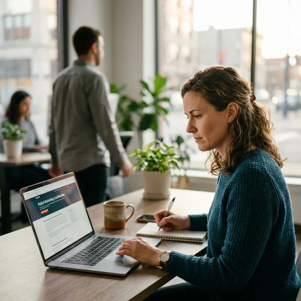 A marketing team lead at a laptop reviewing an AI certification track and deciding which people on the team should take the exam
