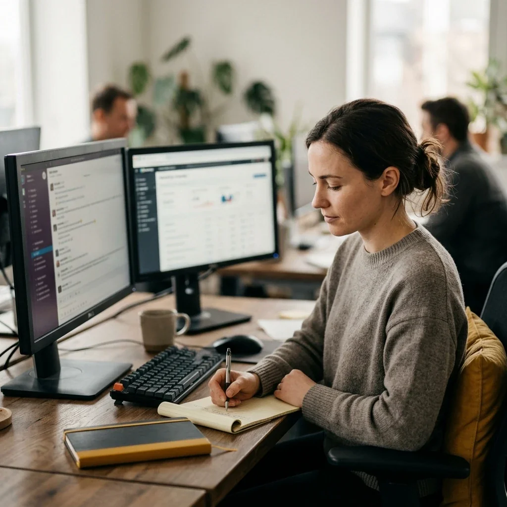 Marketing operator writing a clear brief for an AI agent at their desk