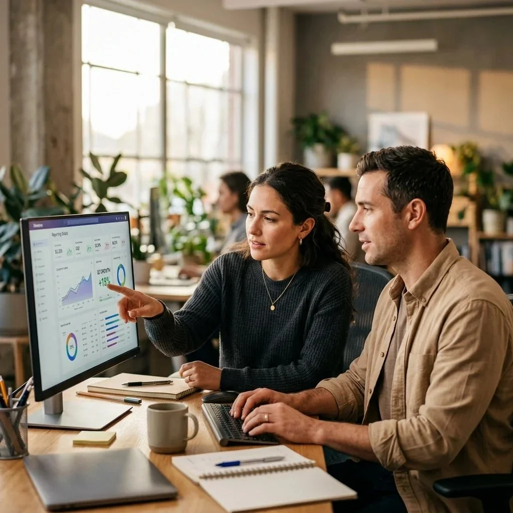 Two marketers working together at a desk, pairing AI certification study with a live reporting project on a shared screen