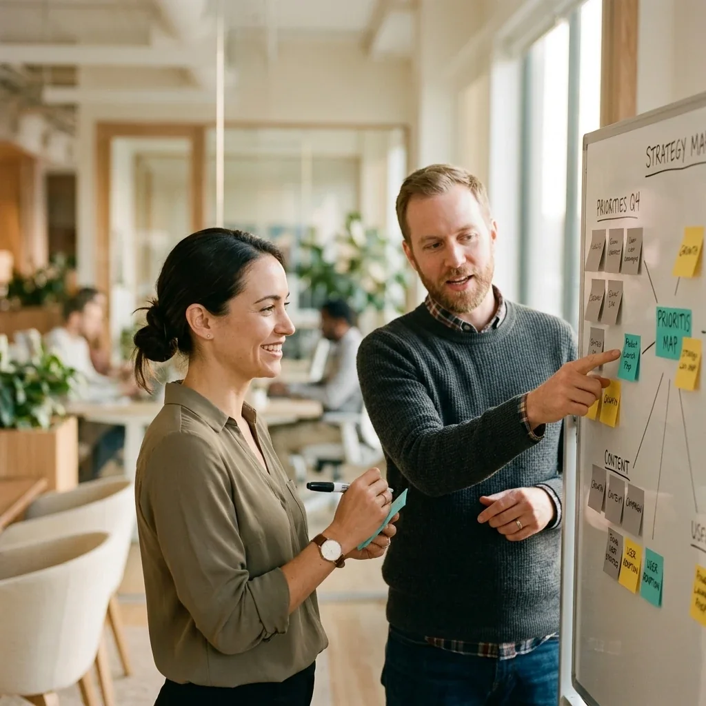 A small marketing team at a whiteboard planning where to allocate the next quarter of search budget across SEO and AI search work