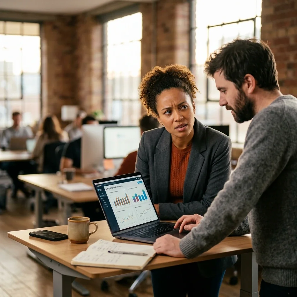 A marketing manager and a colleague reviewing an AI agent's access to a live ad-account dashboard on a laptop