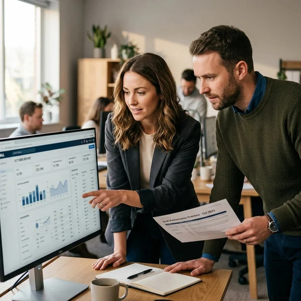 Two marketers reviewing an AI agent's draft performance report on a monitor before it is sent, checking the numbers by hand
