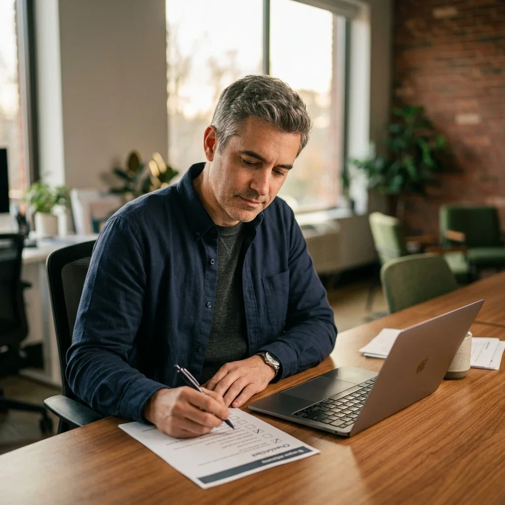A marketing operator at a laptop filling in a nine-field readiness contract for an AI agent before letting it run a live workflow