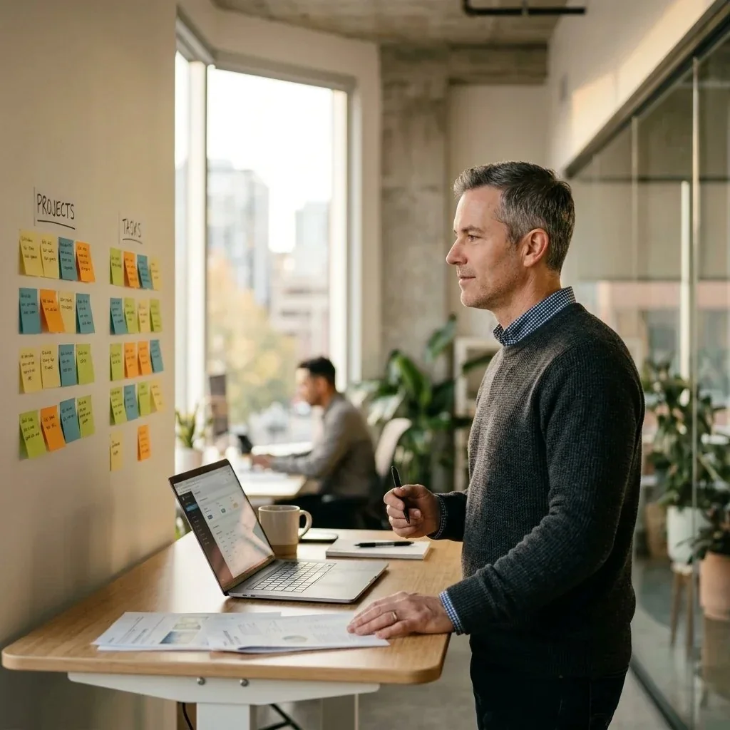 A marketing operator at a laptop mapping which AI agents to build now and which to hold off on, with sticky notes on the wall