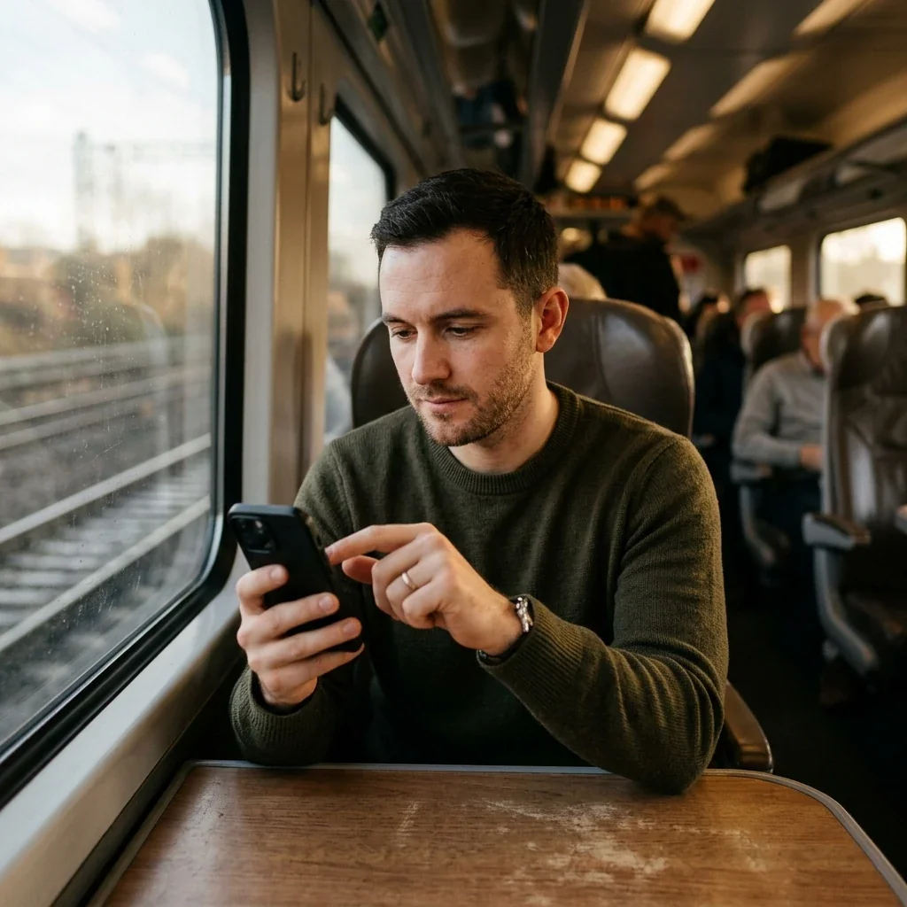 A person tapping an author's byline on a phone while scrolling a news feed, opening the writer's profile