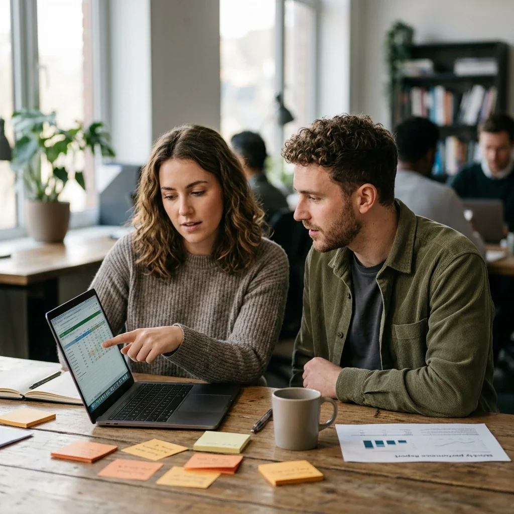 Marketing team reviewing a repeated weekly performance report together