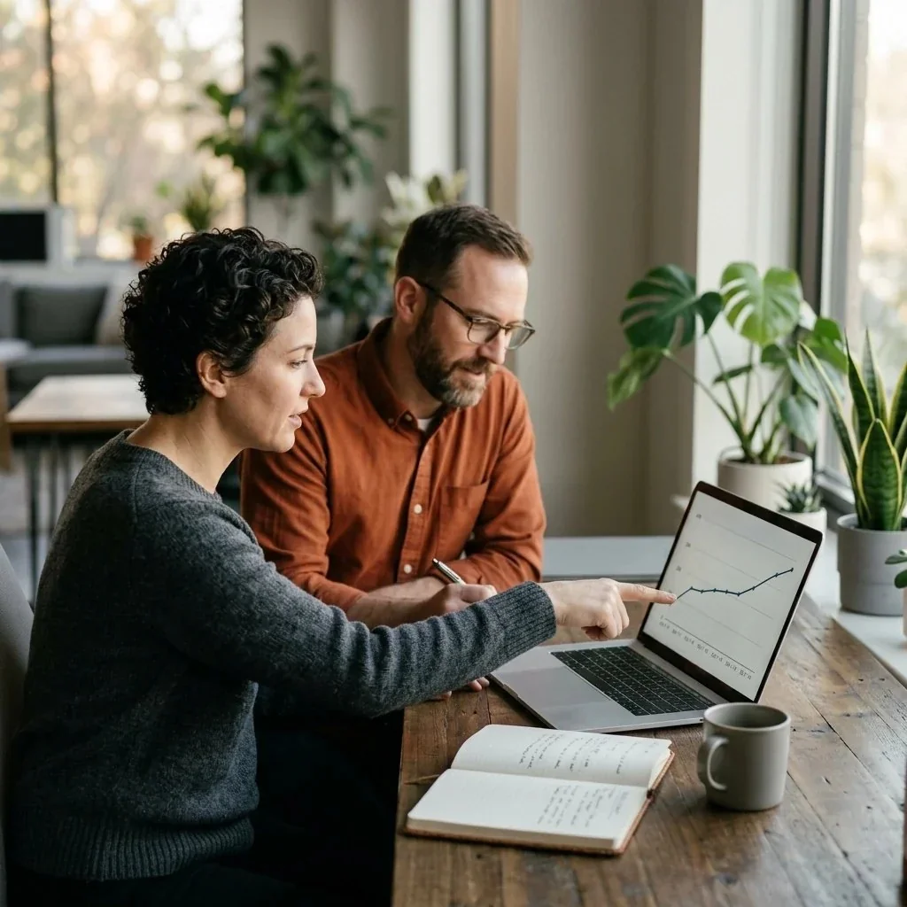 Two marketers reviewing a stable two-week traffic window on a laptop before deciding whether to act on a ranking change