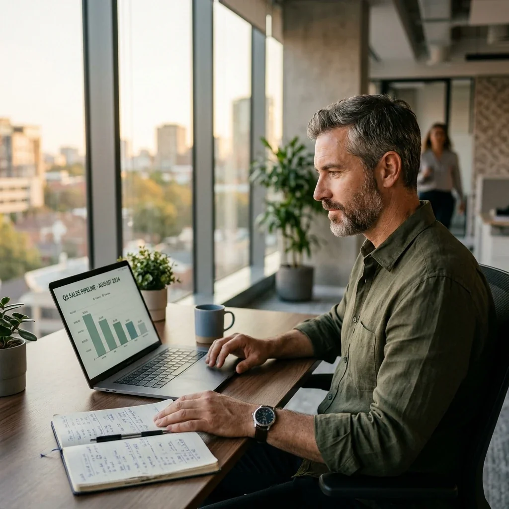 A sales operations lead at a laptop reviewing an outbound pipeline report after switching off an AI SDR, looking focused