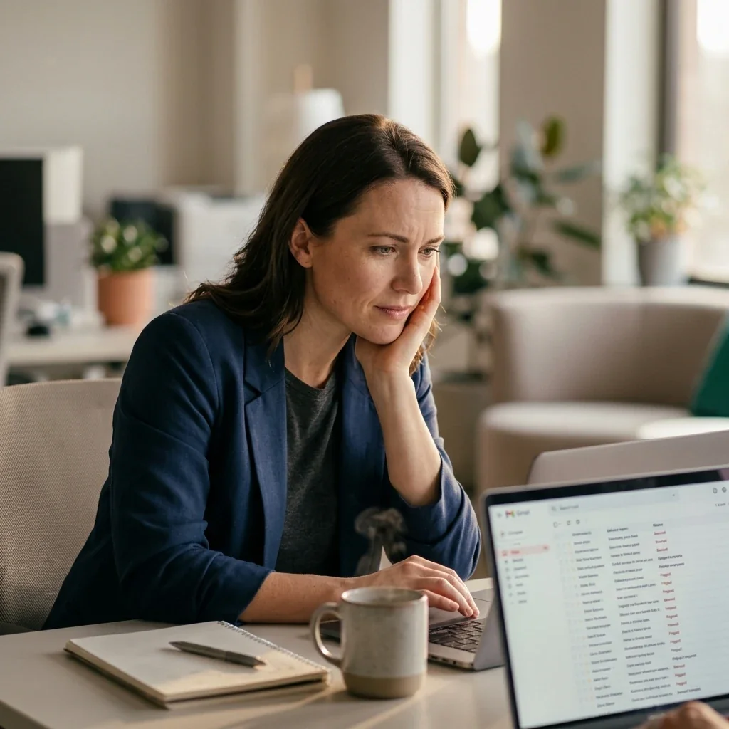 A sales rep looking at a laptop screen full of bounced and flagged outbound emails, concerned about deliverability