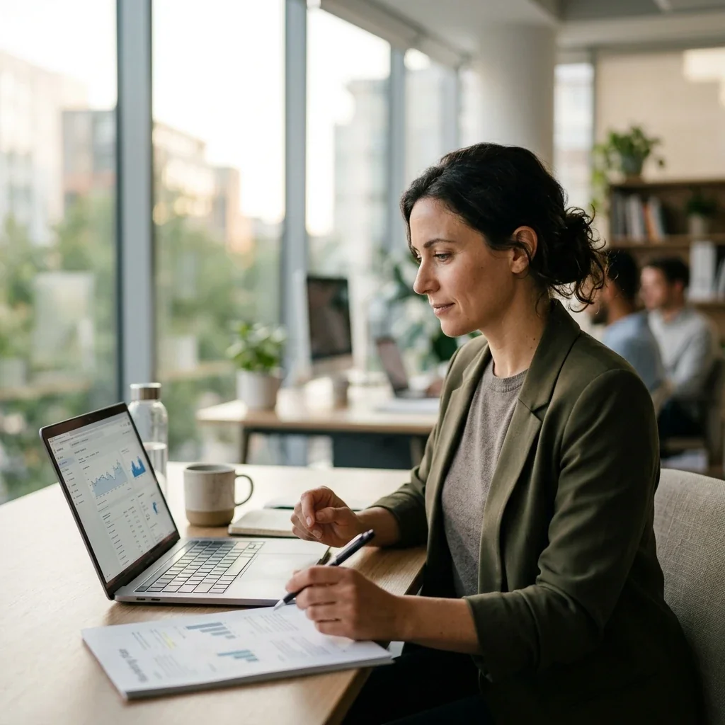 An in-house SEO lead reviewing an AI search strategy on a laptop, deciding where to spend the next quarter's search budget