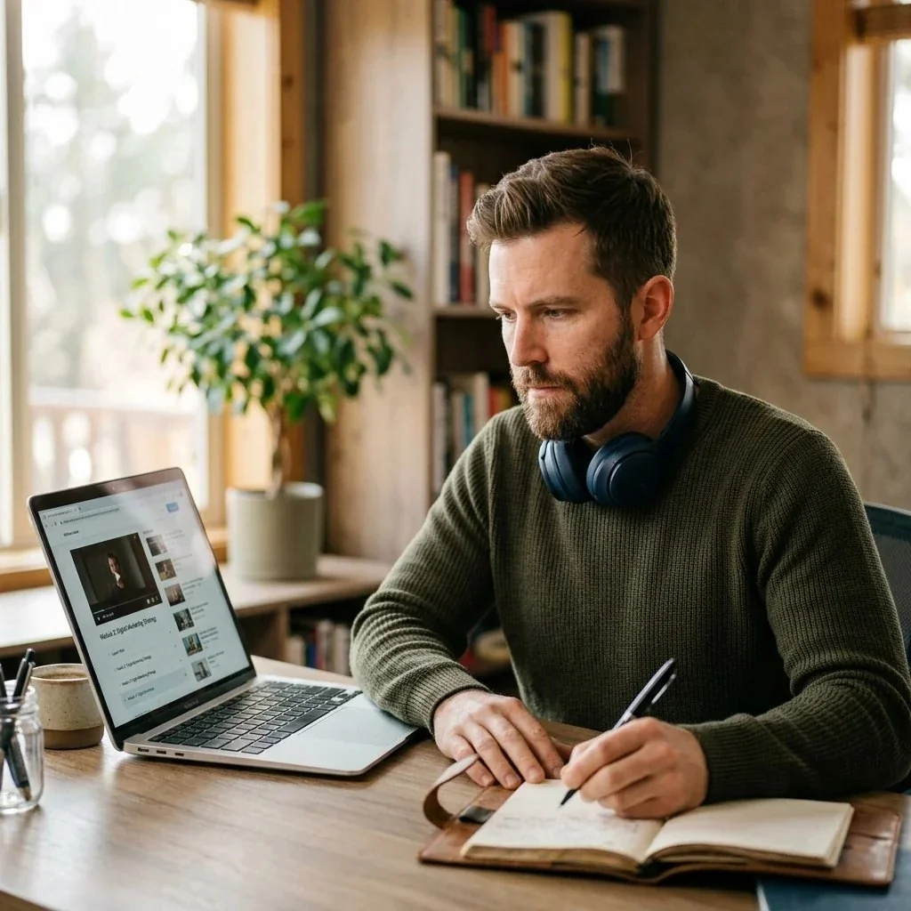 A marketer studying for a vendor AI certification exam at a laptop with an on-demand course lesson open on the screen