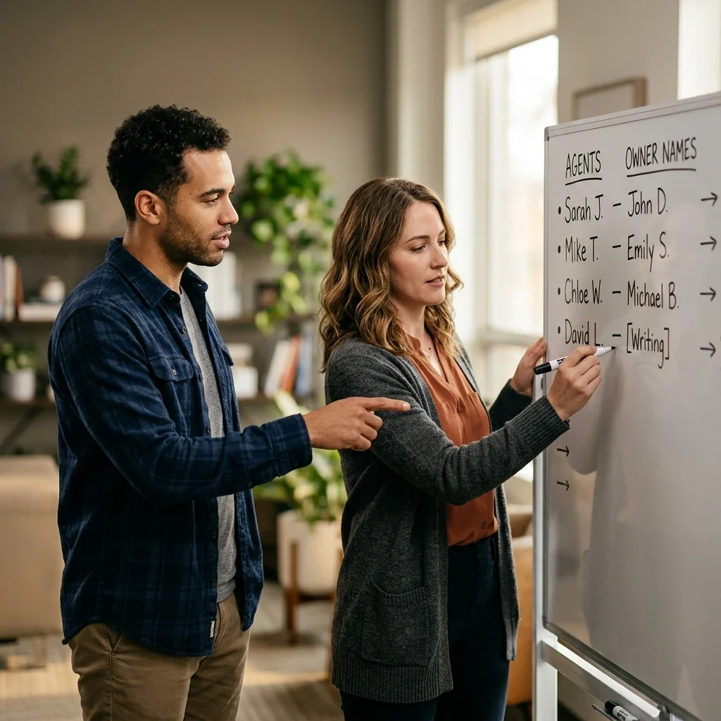 Two marketers at a whiteboard mapping one named owner to each AI agent as they plan a careful rollout