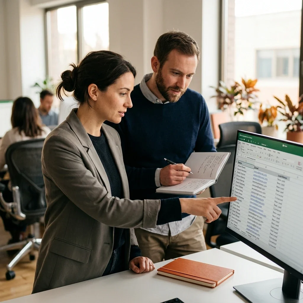 Two colleagues exporting new leads from a GPT Sites page into their CRM on a monitor in an office