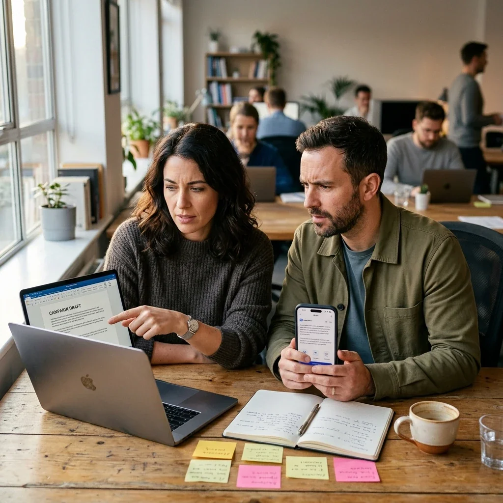 Two marketers at a desk comparing outputs from different AI tools that keep making the same off-brand mistakes