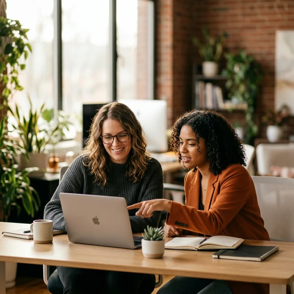Two marketers reviewing a shared, saved brand-context instruction on a screen so everyone prompts the same model with the same standard