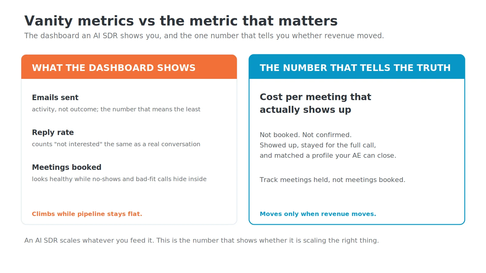 Diagram contrasting the vanity metrics an AI SDR dashboard shows (emails sent, reply rate, meetings booked) with the metric that matters, cost per meeting that actually shows up