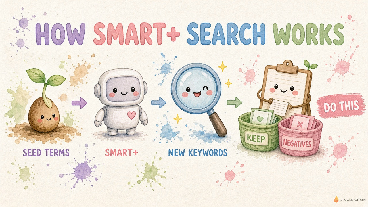 Cute pastel diagram titled How Smart+ Search Works, showing seed terms sprouting into a Smart+ robot, which finds new keywords that a clipboard sorts into keep and negatives baskets.