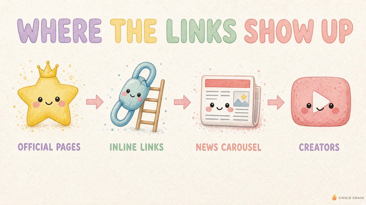 Cute pastel diagram titled Where the Links Show Up, showing four smiling characters for official pages, inline links, news carousels, and creators in a row.