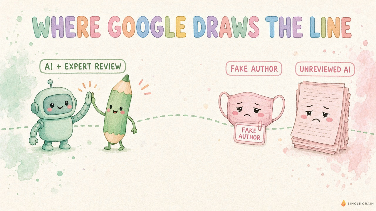 Cute pastel diagram titled Where Google Draws the Line, showing a robot and pencil high-fiving for AI plus expert review on one side and a sad fake author mask and unreviewed AI pages on the other.