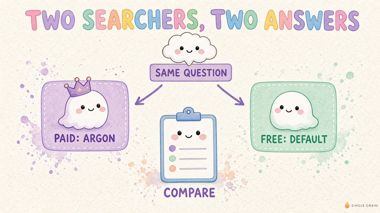 Cute pastel diagram titled Two Searchers, Two Answers, showing one question splitting into a paid Argon answer and a free default answer, with a clipboard comparing them.