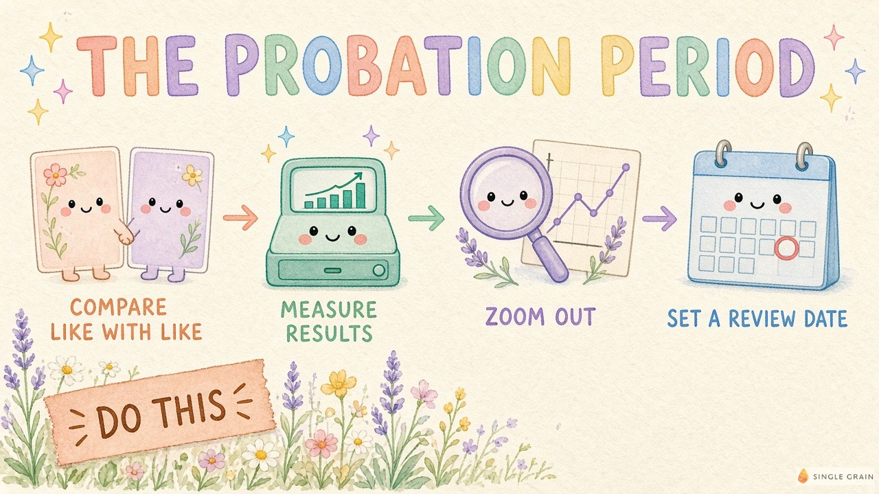 Pastel watercolor diagram titled The Probation Period, showing four steps: compare like with like, measure results, zoom out, and set a review date.