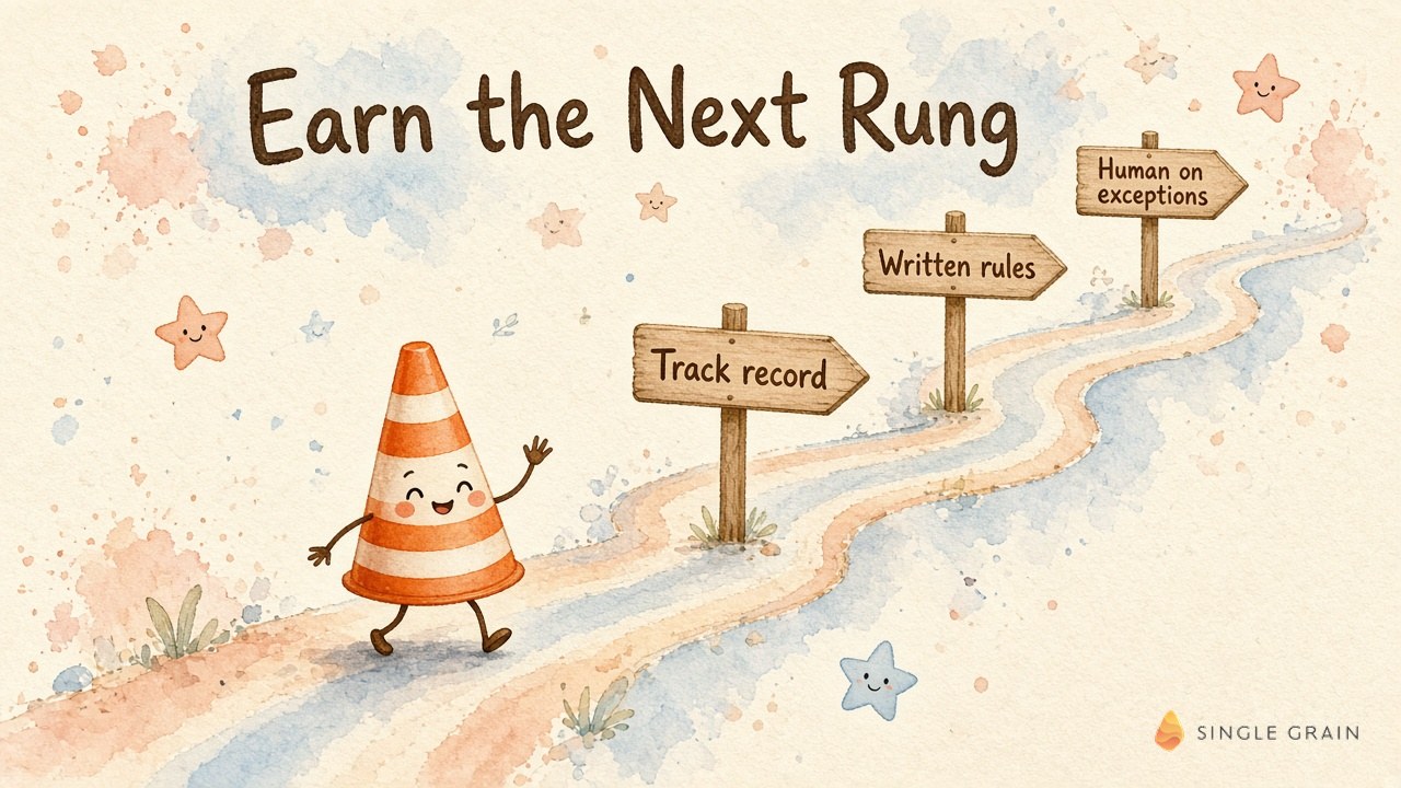 Illustration of a path to earn the next rung with signposts for track record, written rules and human on exceptions.