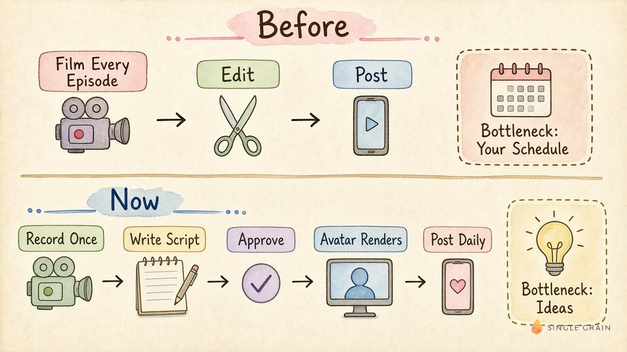 Before and now diagram showing traditional video limited by filming every episode, compared with AI avatar video where you record once, write and approve scripts, render, and post daily.