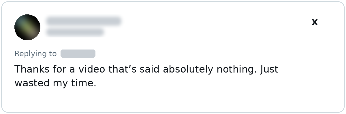 Recreated X reply criticizing an AI design agent launch video for not explaining what the product does.