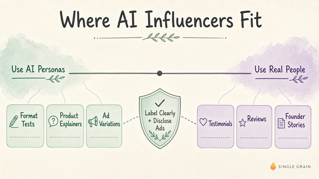 Diagram showing where AI influencers fit: AI personas for format tests, product explainers, and ad variations, real people for testimonials, reviews, and founder stories, with clear labels and ad disclosure in between.