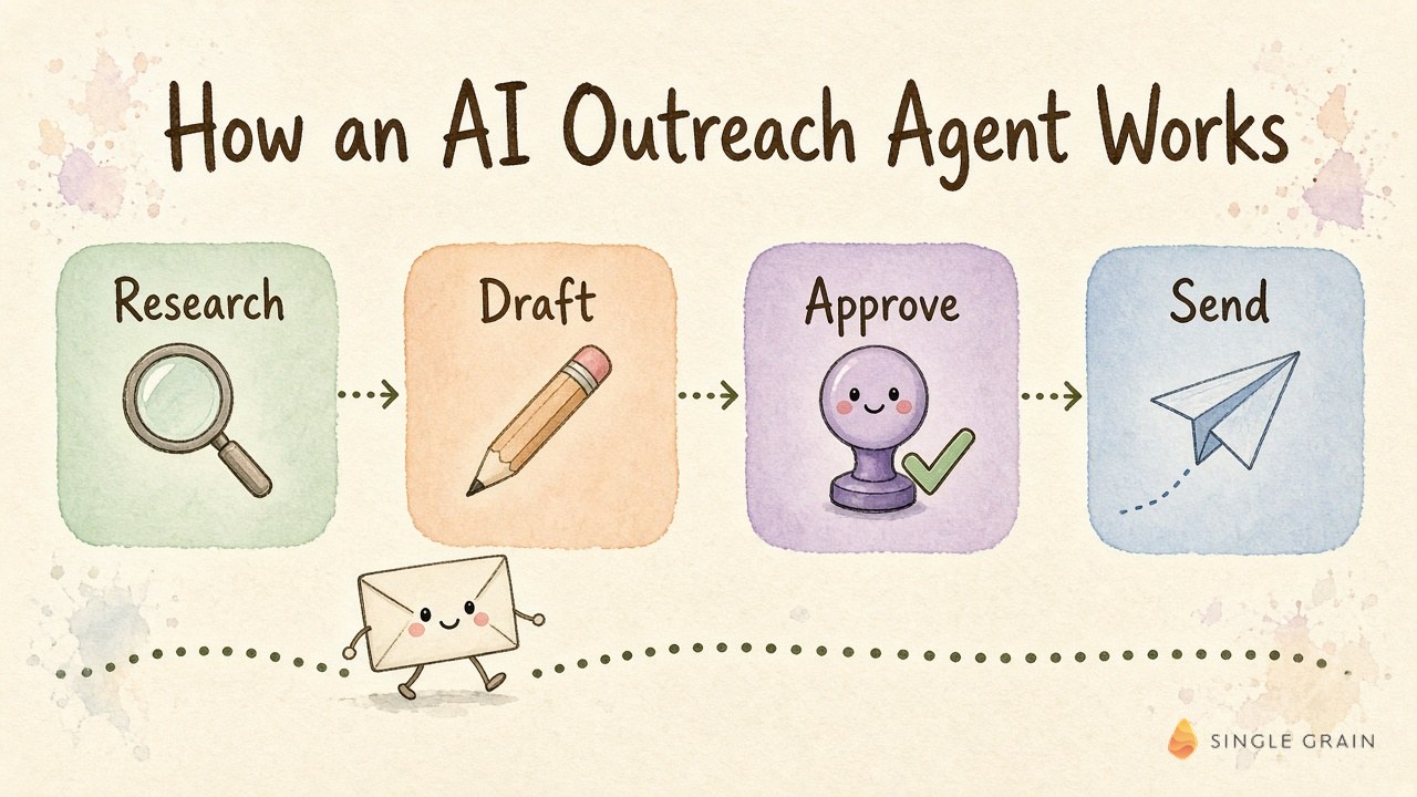 Diagram of how an AI outreach agent works in four stages, from research to draft to approve to send.