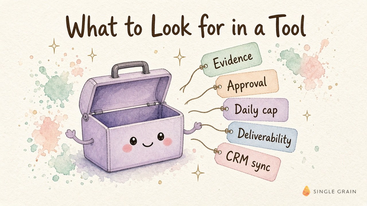 Toolbox illustration with tags for evidence, approval, daily cap, deliverability and CRM sync in an AI outreach tool.